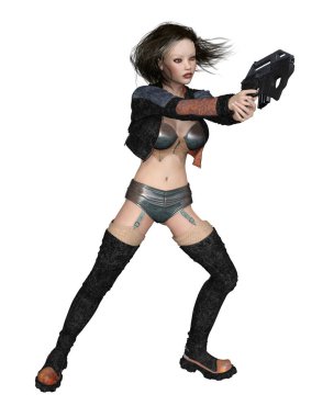 Kadın Siber Serseri Paralı Asker - Çekim Pozu, 3D dijital bilim kurgu illüstrasyonu