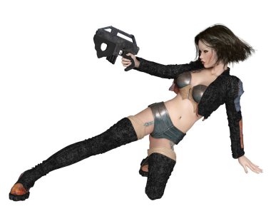 Kadın Siber Serseri Bilim Kurgu Paralı Asker - Savunma Pozisyonu, 3D dijital bilim kurgu illüstrasyonu