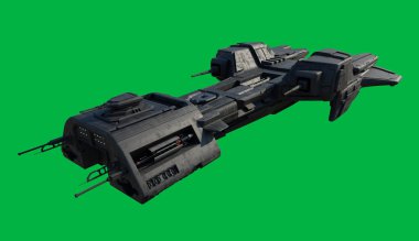 Yeşil Ekran Arkaplanındaki Orta Saldırı Uzay Gemisi - Ön Açı Görünümü, 3d dijital olarak hazırlanmış bilim kurgu illüstrasyonu