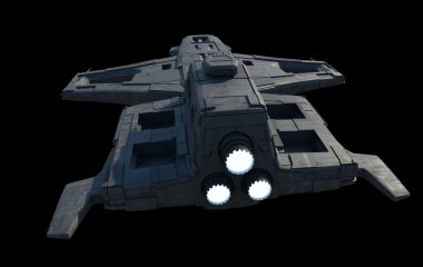 Siyah Arkaplan, Arka Görünüm, 3d dijital olarak hazırlanmış bilim kurgu illüstrasyonlu Arka Bağlı Top Tareti ile Orta Uzay Gemisi