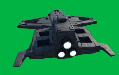 Yeşil Sceen Arkaplan, Arka Görünüm, 3D dijital olarak hazırlanmış bilim kurgu illüstrasyonu üzerinde Arka Bağlı Top Tareti ile Orta Uzay Gemisi