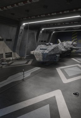 Bir hangar güvertesindeki uzay gemisi, dijital olarak bilim kurgu illüstrasyonunu oluşturdu.