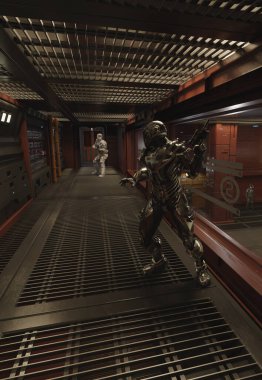 Uzaylı Savaşçı Bir Uzay gemisinde yakalandı, 3D dijital bilim kurgu çizimi