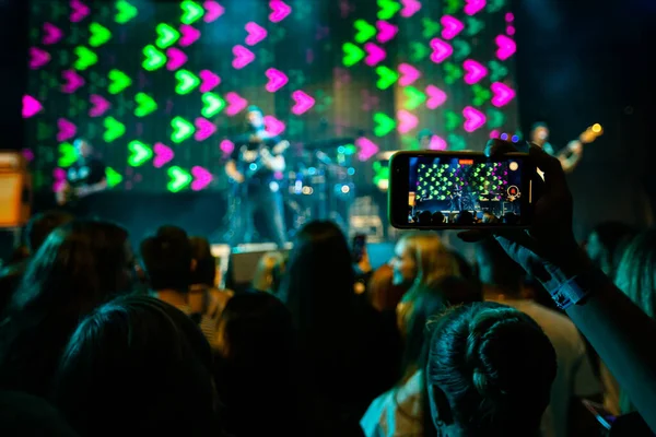 Hands Phones Concert Atmosphere Concert Stage Lights — Stockfoto