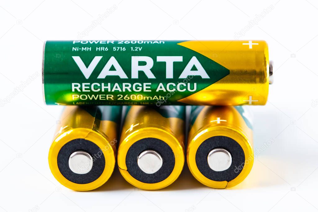Lviv, Ukraine - December 12, 2022: Varta recharge Accu power Ni-MH AAA battery on white background