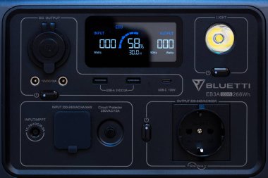 Munich, Germany - January 4, 2023: Closeup of Bluetti EB3A portable power station clipart
