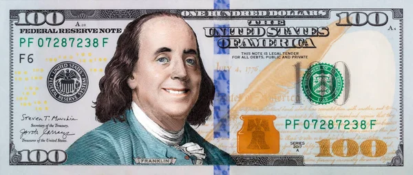 Бенджамин Франклин Улыбается Банкноте 100 Долларов Дизайнерских Целях — стоковое фото