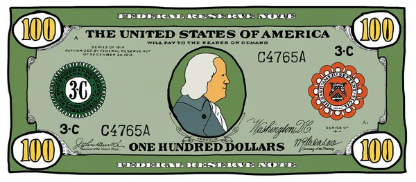 Kreskówka Ręcznie Rysowane 100 Dolar Banknot Celów Projektowych — Zdjęcie stockowe