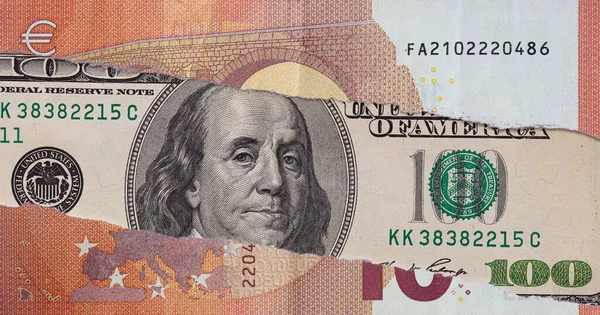 100 Dolláros Bankjegy Tépett Eurobankjegyen Keresztül Tervezés Céljából — Stock Fotó