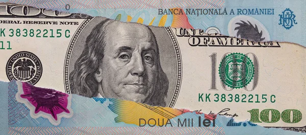 Banconota 100 Dollari Attraverso Lacerata Banconota Rumena Lei Scopo Progettazione — Foto Stock