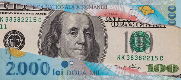 Billete 100 Dólares Través Billete Lei Rumano Desgarrado Con Fines — Foto de Stock