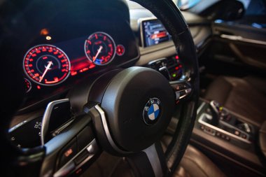 Lviv, Ukrayna - 6 Ağustos 2022: BMW araba direksiyonu