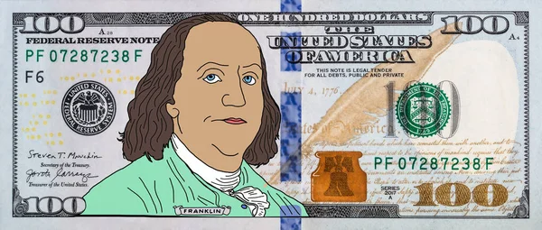 Cartoon Met Hand Getekend Gekleurd Benjamin Franklin 100 Dollar Bankbiljet — Stockfoto