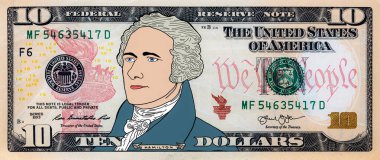 Closeup of front side of colorized 10 dollar banknote for design purpose clipart