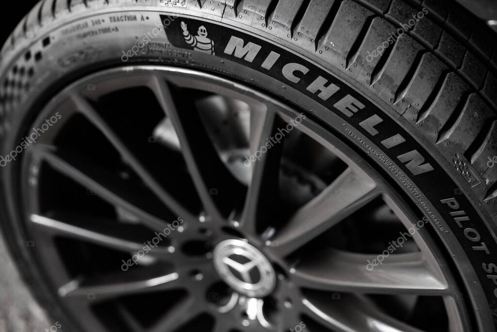 Stuttgart, Germany - June, 2023: Mercedes-Benz wheel. Mercedes amg carbon ceramic brakes. Michelin tires