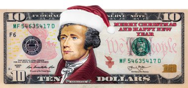 Alexander Hamilton, Noel Baba şapkalı 10 dolarlık banknottan tasarım amaçlı.