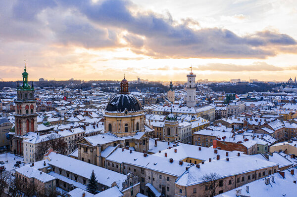 Panoramic aerial view on Lviv in winter from drone