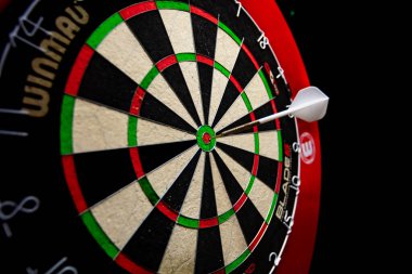 Lviv, Ukrayna - 3 Aralık 2023: Winmau dart tahtasına yakın çekim