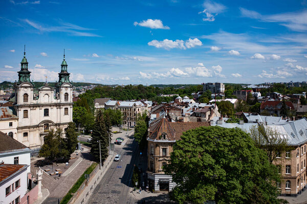Lviv, Ukraine - August, 2020: The Roman Catholic church of St. Mary Magdalene (House of organ and chamber music) in Lviv, Ukraine. View from drone