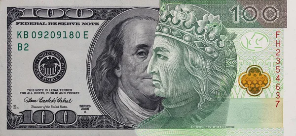 Nota 100 Dólares Dos Eua Fundida Com Nota 100 Zloty Fotografias De Stock Royalty-Free