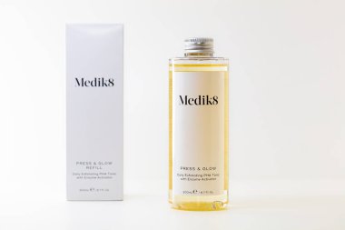 Lviv, Ukraine - April 18, 2024: Medik8 Press and Glow Refill Daily Exfoliating PHA Tonic with Enzyme Activator clipart