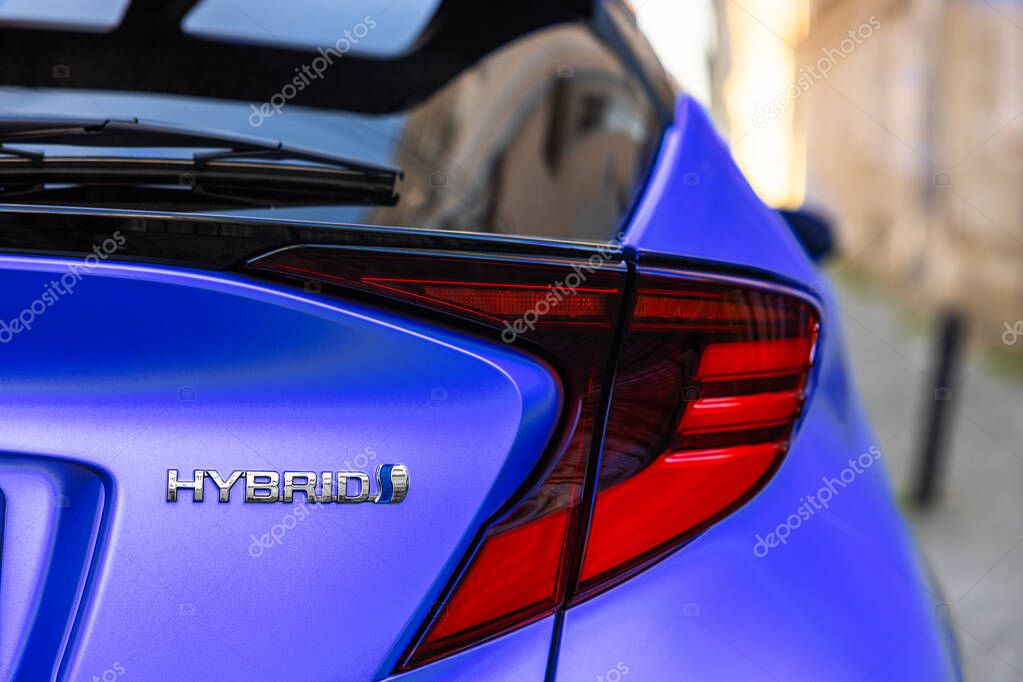 Lviv, Ukraine - July 15, 2023: Closeup of blue Toyota C-HR Hybrid