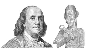 Benjamin Franklin cut on new 100 dollars banknote and Ramesses II cut on 50 piastres of Egypt banknote for design purpose clipart