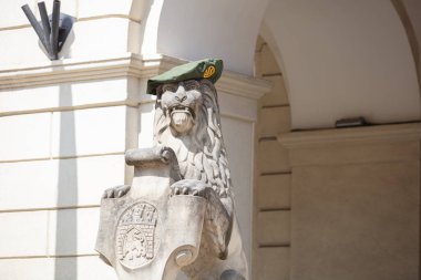 Ukrayna 'daki Ukrayna askeri beredeki aslan anıtı Ukrayna' daki Lviv belediye binası yakınlarında.