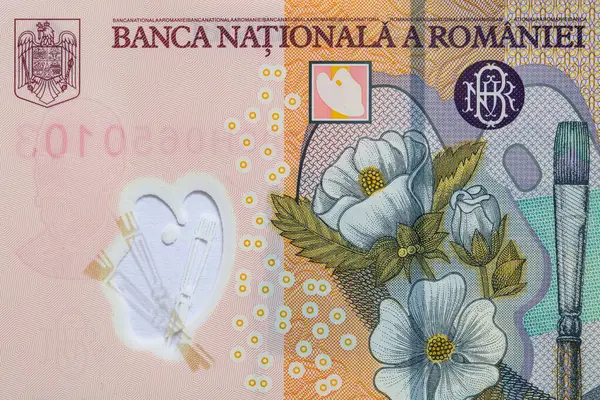 stock image Closeup of 10 Romanian lei banknote for design purpose