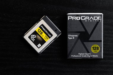 Lviv, Ukrayna - 19 Eylül 2024: ProGrade Digital CFexpress B Tipi Bellek Kartı 128 GB