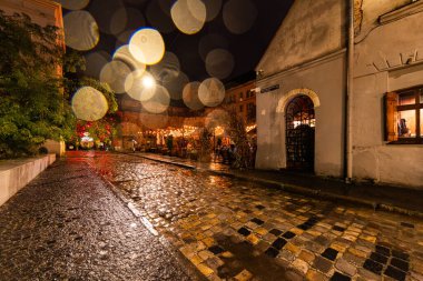 Lviv, Ukrayna - 14 Eylül 2024: Yağmurlu bir gecede Ukrayna 'nın Lviv kentindeki Antik Sokak