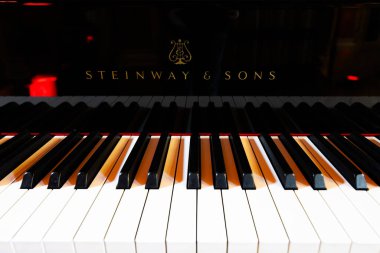 Lviv, Ukrayna - 29 Eylül 2024: Steinway and Sons siyah piyanonun logosu