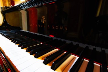 Lviv, Ukrayna - 29 Eylül 2024: Steinway and Sons siyah piyanonun logosu