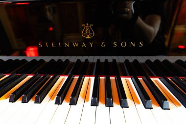 Lviv, Ukrayna - 29 Eylül 2024: Steinway and Sons siyah piyanonun logosu