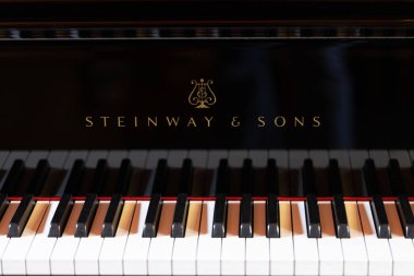 Lviv, Ukrayna - 29 Eylül 2024: Steinway and Sons siyah piyanonun logosu