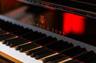 Lviv, Ukrayna - 29 Eylül 2024: Steinway and Sons siyah piyanonun logosu