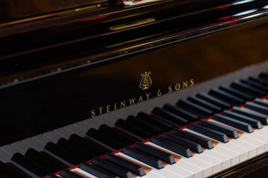 Lviv, Ukrayna - 29 Eylül 2024: Steinway and Sons siyah piyanonun logosu