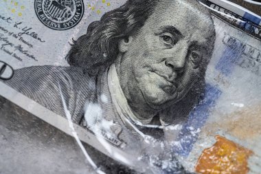 100 US dollar frozen under a layer of ice for design purpose