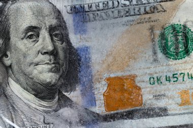 100 US dollar frozen under a layer of ice for design purpose