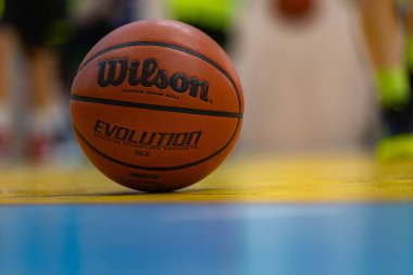 Lviv, Ukrayna - 01 Kasım 2024: WILSON Evolution Indoor Game Basketball sahada arka planda