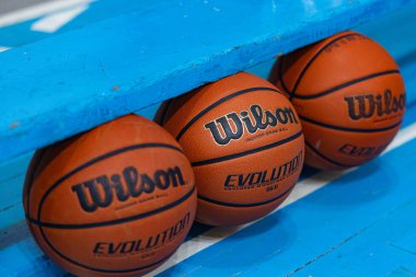 Lviv, Ukrayna - 01 Kasım 2024: WILSON Evolution Indoor Game Basketball sahada arka planda
