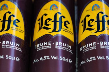 Lviv, Ukrayna - 2 Kasım 2024: Leffe Brune bira kutusu