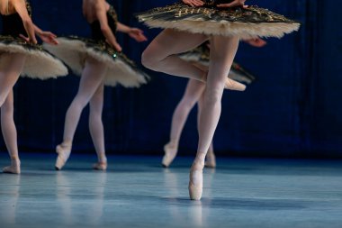 Sahnede dans eden balerinlerin yakın çekimi.