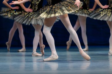 Sahnede dans eden balerinlerin yakın çekimi.