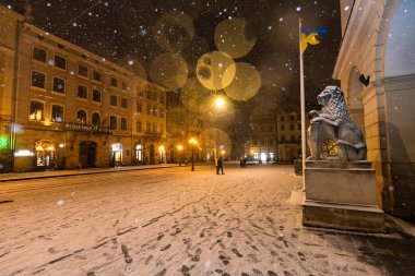Lviv, Ukrayna - 10 Aralık 2024: Geceleri Lviv 'de pazar meydanı