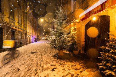 Lviv, Ukrayna - 10 Aralık 2024: Kışın Lviv Caddesi