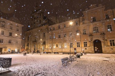 Lviv, Ukrayna - 10 Aralık 2024: Kışın Lviv Caddesi