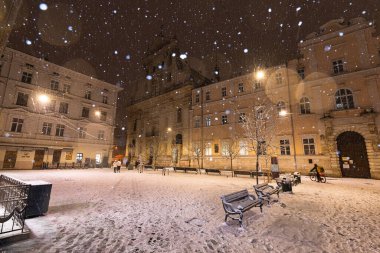 Lviv, Ukrayna - 10 Aralık 2024: Kışın Lviv Caddesi