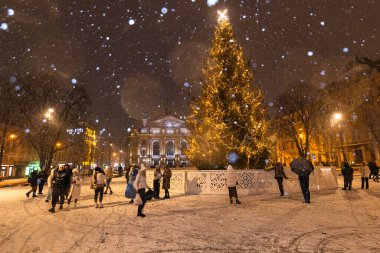 Lviv, Ukrayna - 10 Aralık 2024: Lviv Ulusal Operası yakınlarındaki Noel ağacı