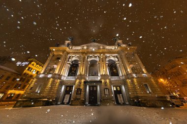 Lviv, Ukrayna - 10 Aralık 2024: Kışın Lviv Ulusal Operası